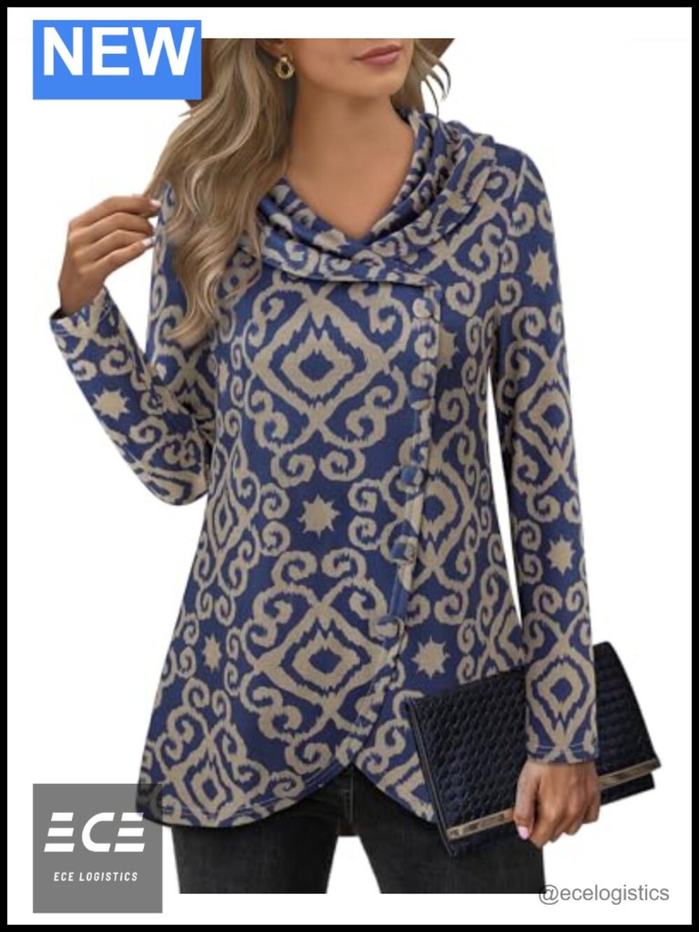 Womens Long Sleeve Tunic Sweatshirt Button Side Tulip Hem Shawl Collar Pullover